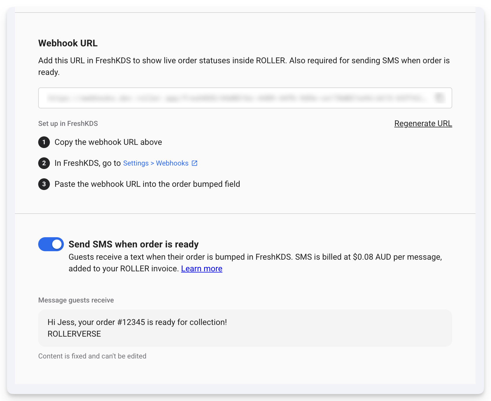 Fresh KDS integration settings with the webhook URL and the toggle to text guests when their order is ready